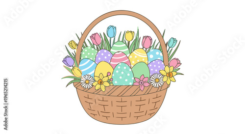 Charming Hand-Drawn Easter Basket overflowing with Beautifully Patterned Eggs and Bright Spring Tulips and Daffodils, a Festive Holiday Graphic