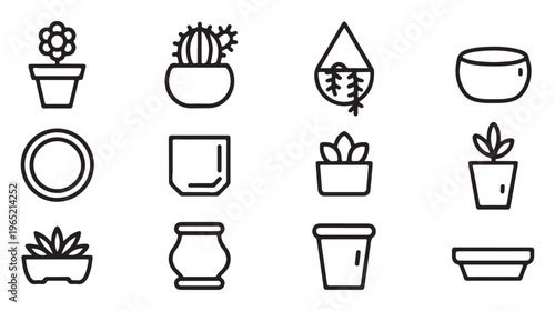 Assortment of potted plants and containers icons on white background, outline style