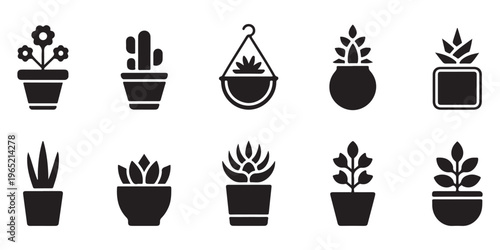 Group of potted plants and planters icons on white background, filled solid style
