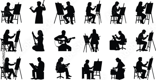 Silhouette illustrations of musicians playing various instruments