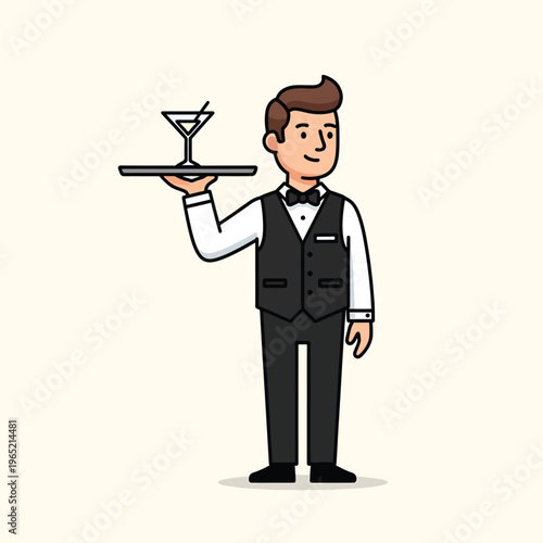A cartoon waiter, brown hair and a bow tie, carries a tray with a martini. The man is dressed formally, in a suit, white shirt