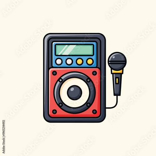 A cartoon style sound system and microphone. The system has a red speaker, display, and buttons. A microphone is connected to it
