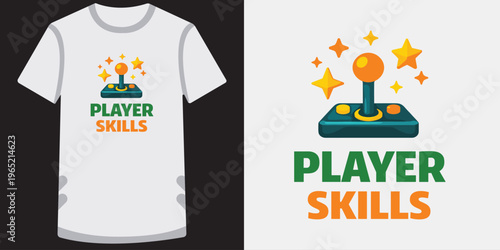Player skills t shirt design with a classic arcade joystick surrounded by stars.