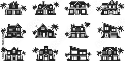 Collection of tropical beach house silhouettes with palm trees, coastal real estate vector icons, summer vacation homes, architecture, property, island.