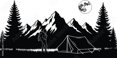 Black and white silhouette of a hiker camping with a backpack and tent in a mountain landscape with 
