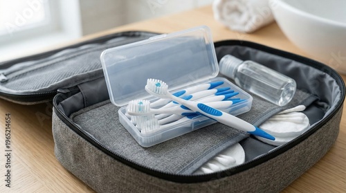 Mini disposable travel toothbrush in toiletry bag showing compact waterless oral care with no toothpaste needed for organized travel hygiene convenience and portable daily use