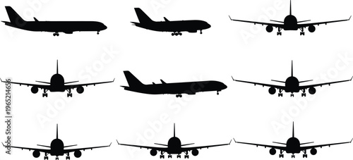 Collection of airplane silhouettes showing various aircraft models from front and side views, aviation vector set for travel and transport, icons.