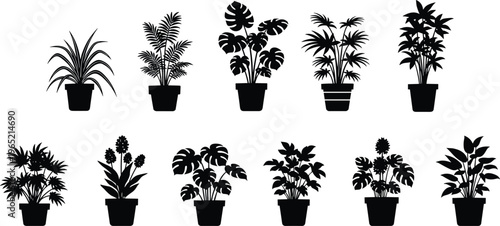 Indoor potted plant silhouettes collection with monstera, palm, ferns, tropical leaves, houseplant icons, minimalist home decor greenery, vector botanical silhouette set.
