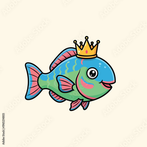 A cartoonish, vibrant fish, adorned with a regal golden crown, has a friendly smile. Its body is composed of blues, greens, and pinks