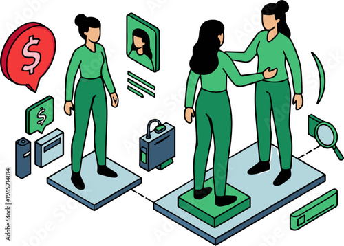 Women in green outfits standing on scales with money and briefcase nearby