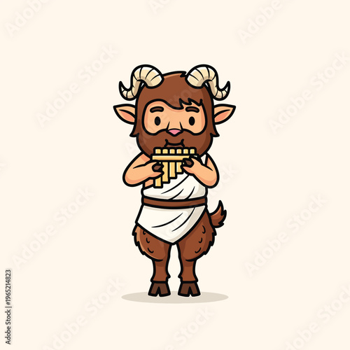 A cartoon satyr figure, with goat features, wearing a white cloth, and playing a pan flute, on a cream colored background