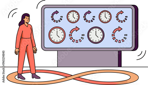 Woman stands next to clocks on screen with infinity symbol on floor