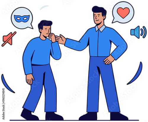 Two men are discussing and sharing a secret with happiness and love.