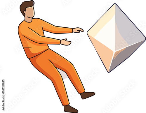 A man wearing orange clothing is throwing a large geometric object.