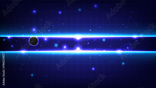 Dark wormhole, swirling galaxies, glowing nebulae and stars captured in a futuristic grid like cosmic vista