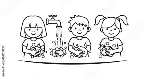 Children washing hands with soap and water, hygiene concept, illustration
