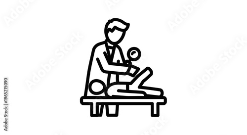 Chiropractor examining patient's back on examination table, icon style