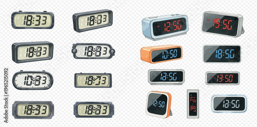 Set of various modern digital alarm clocks and time displays showing different hours and minutes on transparent background.