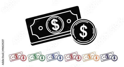 Silhouette illustration representing various colorful icons of currency featuring a prominent dollar bill and a large coin signifying financial concepts like payment savings and wealth accumulation fo