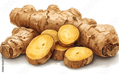 Fresh raw ginger root with clean sliced pieces isolated on a pure white background