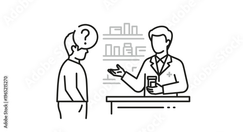 Confused patient asking pharmacist for help with medication at pharmacy counter