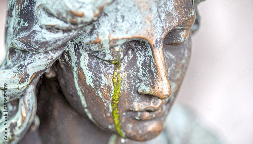 Fototapeta premium Close-up of an aged bronze statue's face with green verdigris resembling tears.