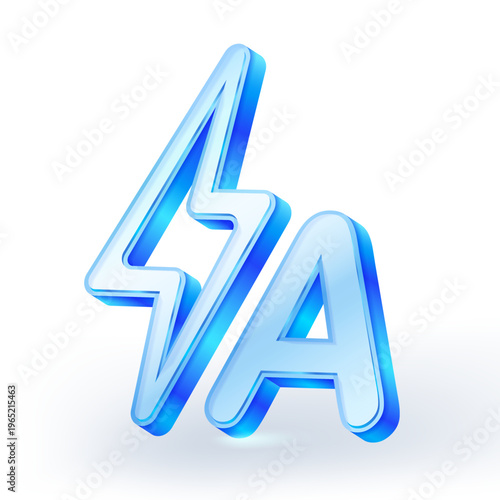 Glossy 3D blue glass icon featuring a lightning bolt and letter A, representing auto flash activation, energy and camera technology on white background. Vector illustration.