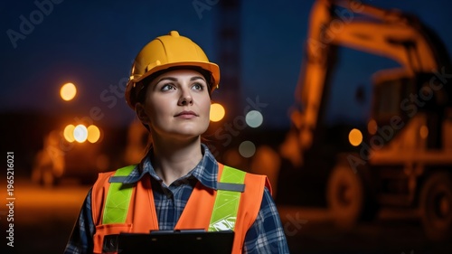 Female Civil Engineer in Safety Vest at Night Construction Site with Excavator