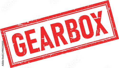 Red GEARBOX Text in Distressed Rectangular Rubber Stamp Style Impression Isolated