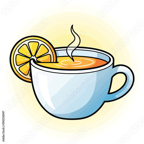 A cartoon-style illustration of a cup of tea, with a lemon slice and a steam cloud rising. The background is a soft, pale yellow gradient