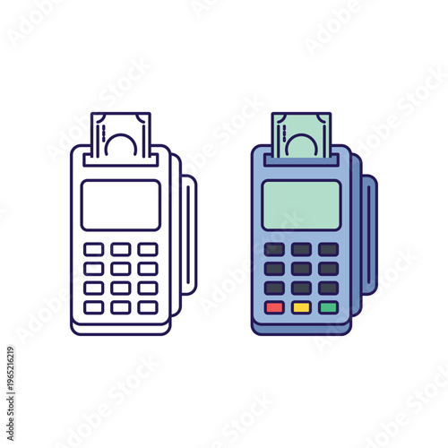 POS Terminal Payment Machine Line and Color Illustration Set. Represents digital transactions, point of sale, and financial technology.