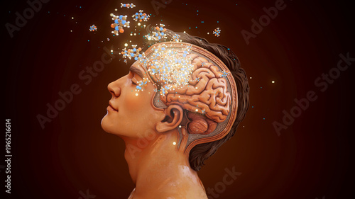 Принти на полотні Conceptual 3D illustration of a happy man with visible brain and caffeine and ha