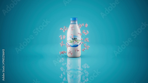 Conceptual 3D illustration of a milk bottle producing lactose molecules