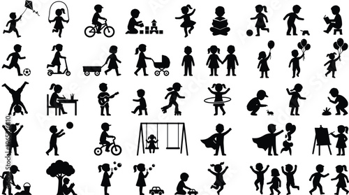 Mega collection of black vector silhouettes featuring children playing sports riding bikes reading and engaged in diverse outdoor activities for childhood education designs