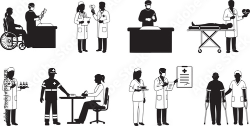 Medical Staff Silhouettes: Healthcare Professionals and Patients