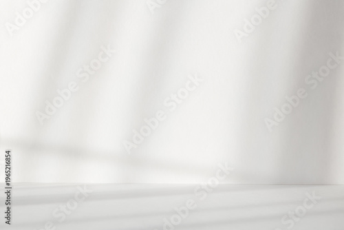 Abstract white studio background with shadows of window. Empty 3d gray room with copy space. Display product with blurred backdrop. Soft focus