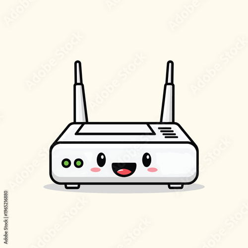 A cartoon-style depiction of a router, illustrated in white with black outlines, smiling with pink cheeks and a wide open mouth