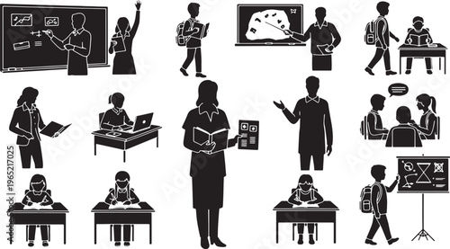 A diverse set of black and white silhouette illustrations representing educational settings. Features teachers instructing students, individuals studying, and group learning, Features teachers, Set