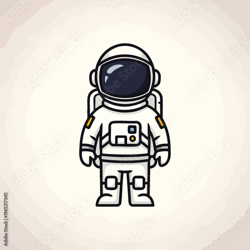 A cartoon-style illustration features a standing astronaut in a white spacesuit. The astronaut has a detailed helmet and a jetpack on a light-colored background