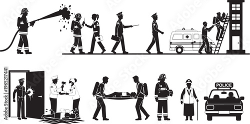 Emergency Responders Silhouettes: Firefighters and Medical Team