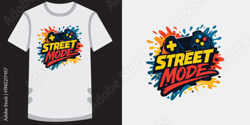 Colorful street mode gaming tshirt design with vibrant splash effects and video game controller illustration perfect for gamers and casual wear