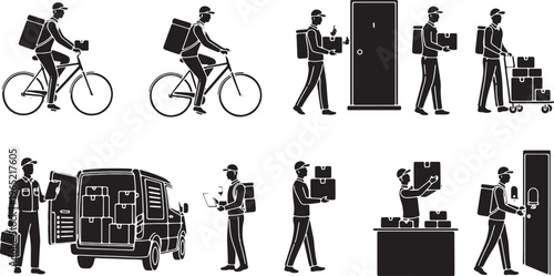 Delivery Service Silhouettes: Courier Actions with Bike, Van, and Boxes