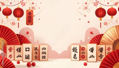 Festive Chinese New Year banner with mahjong tiles, red lanterns, floral details, and folding fans in an elegant traditional celebration layout.

