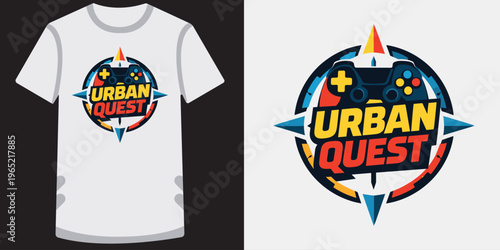 Creative modern tshirt design featuring vibrant gaming logo with colorful compass and video game controller elements perfect for esports fans and urban adventure enthusiasts