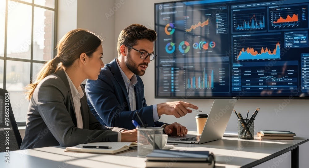 Fototapeta premium Professionals analyzing data on large digital screens in an office setting
