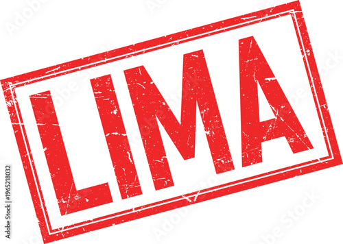 LIMA Distressed Red Ink Stamp Impression on Transparent Background, Square Border Design