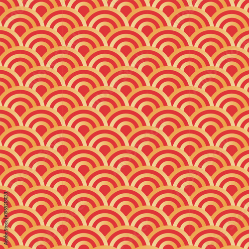Chinese Seamless Pattern Red and Gold, Asian Wave Background, Lunar New Year Decorative Texture