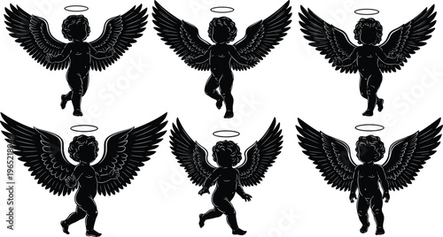 Collection of black cupid angel silhouettes with wings and halos isolated on white background, vintage cherub vector set for romantic Valentine's Day designs.