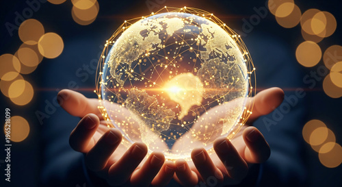 Hands holding a glowing crystal ball displaying a digital representation of Earth with interconnected nodes, symbolizing global connectivity and technology.