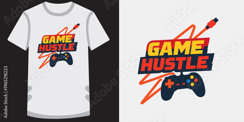Creative stylish gaming tshirt design featuring vibrant game hustle text and colorful gamepad controller illustration perfect for gamers and esports enthusiasts